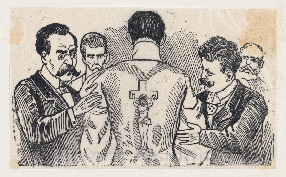 Art Print : José Guadalupe Posada - A Group of Men Looking at a Man's Back with an Image of The Crucifixion : Vintage Wall Art
