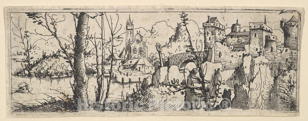 Art Print : Augustin Hirschvogel - Landscape with Fort and a Church on a River : Vintage Wall Art