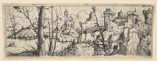 Art Print : Augustin Hirschvogel - Landscape with Fort and a Church on a River : Vintage Wall Art