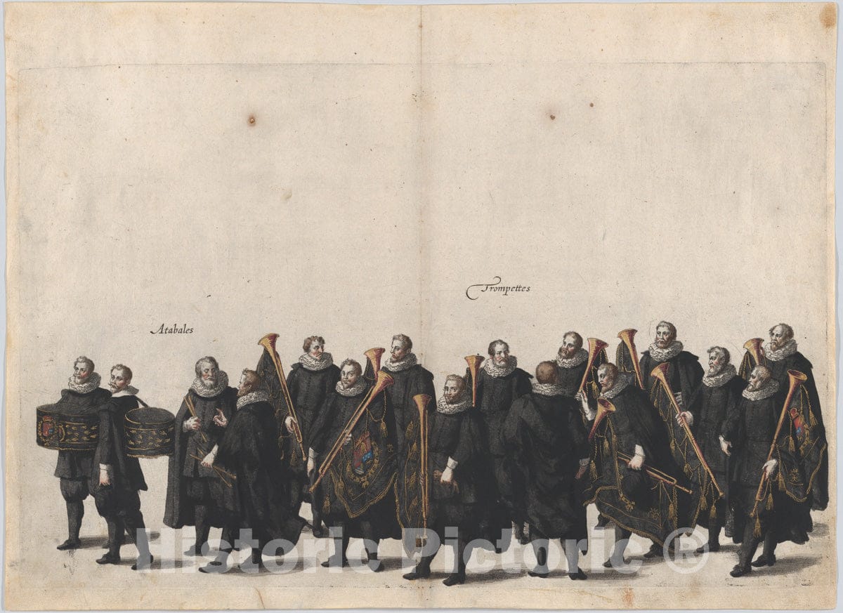 Art Print : Plate 28: Drummers and Trumpet Players Marching in The Funeral Procession of Archduke Albert of Austria - Artist: Jacques Francquart - 1623 : Vintage Wall Art