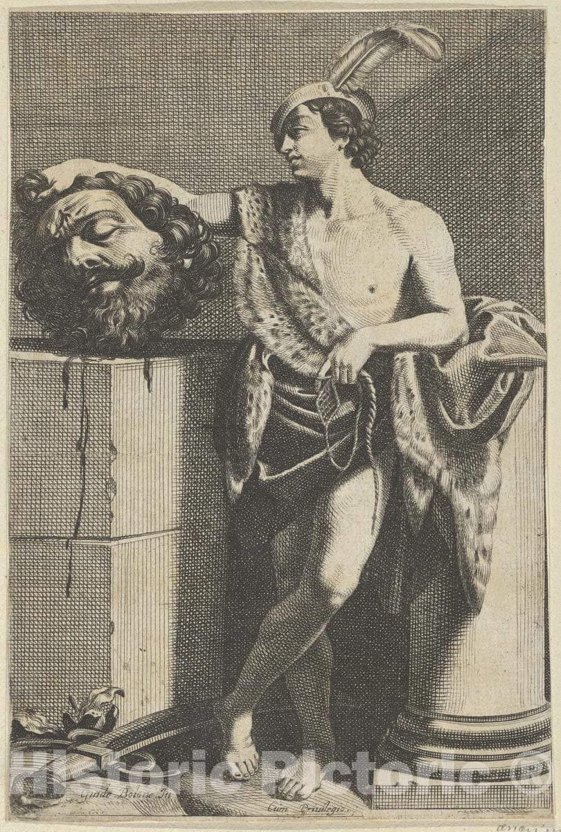 Art Print : Anonymous - David Standing with Crossed Legs and Holding The Head of Goliath on a Pedestal at Left, a Sword on The Ground, After Reni v.1 : Vintage Wall Art