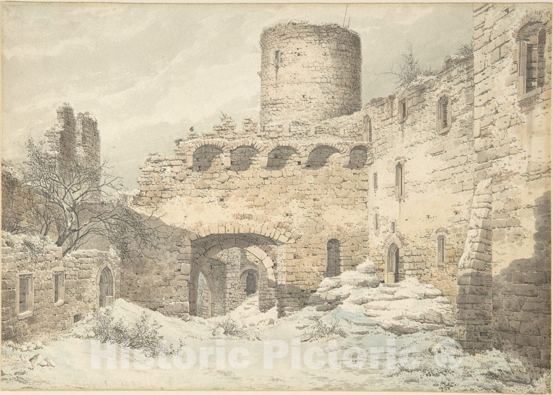 Art Print : Julius von Leypold - Winter View of The Courtyard of a Medieval Castle in Ruins : Vintage Wall Art