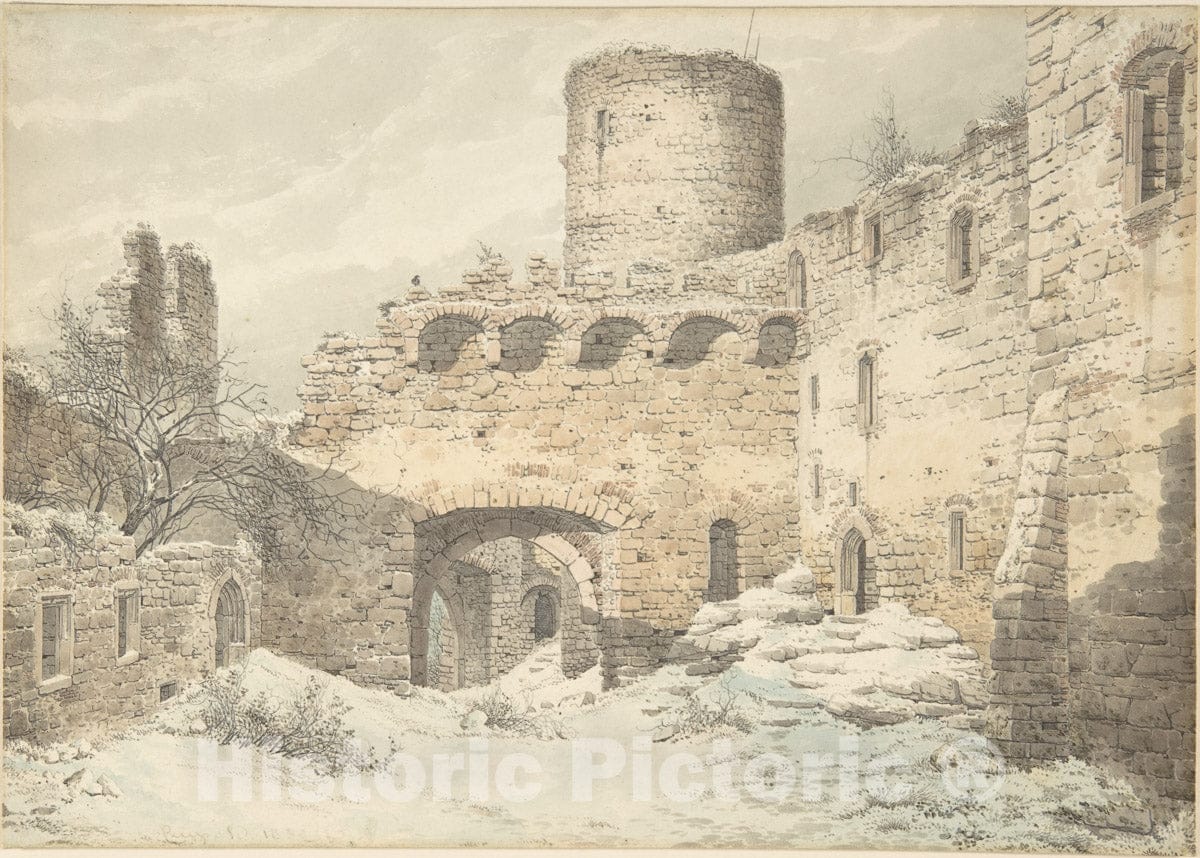 Art Print : Julius von Leypold - Winter View of The Courtyard of a Medieval Castle in Ruins : Vintage Wall Art