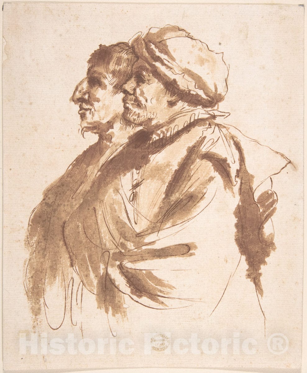 Art Print : After Guercino (Giovanni Francesco Barbieri) - Two Men, Depicted Half-Length, in Profile : Vintage Wall Art