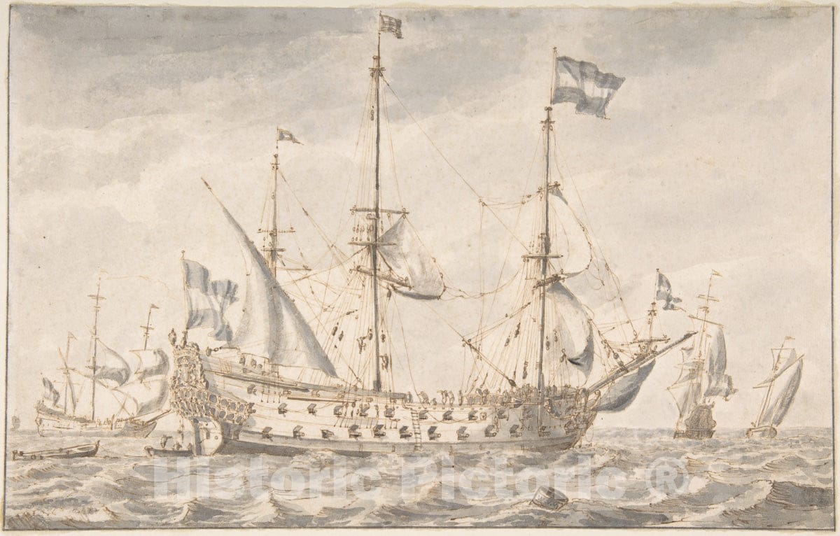 Art Print : After Willem Van de Velde I - Dutch Men of War : Vintage Wall Art