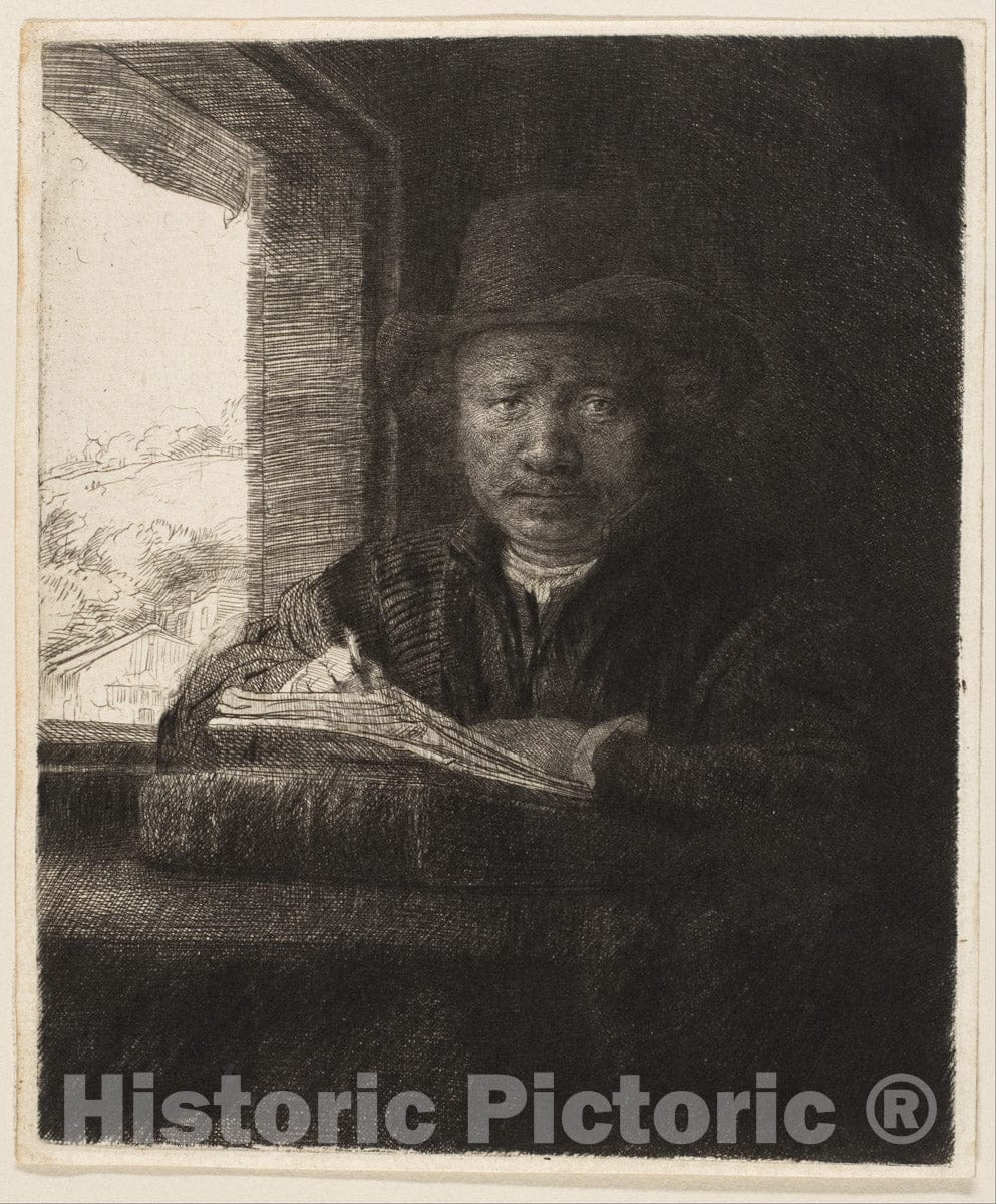 Art Print : Rembrandt (Rembrandt Van Rijn) - Self-Portrait Drawing at a Window : Vintage Wall Art