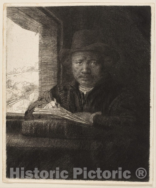Art Print : Rembrandt (Rembrandt Van Rijn) - Self-Portrait Drawing at a Window : Vintage Wall Art