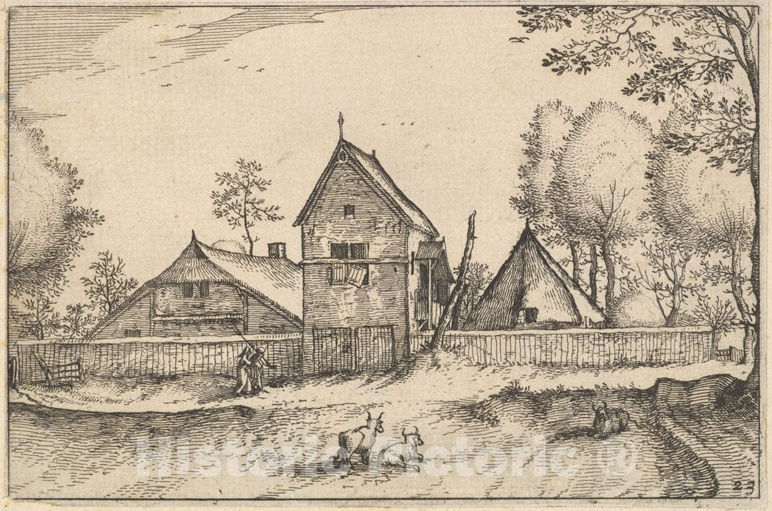 Art Print : Claes Jansz. Visscher - Large Walled Farm from Regiunculae et Villae Aliquot Ducatus Brabantiae : Vintage Wall Art
