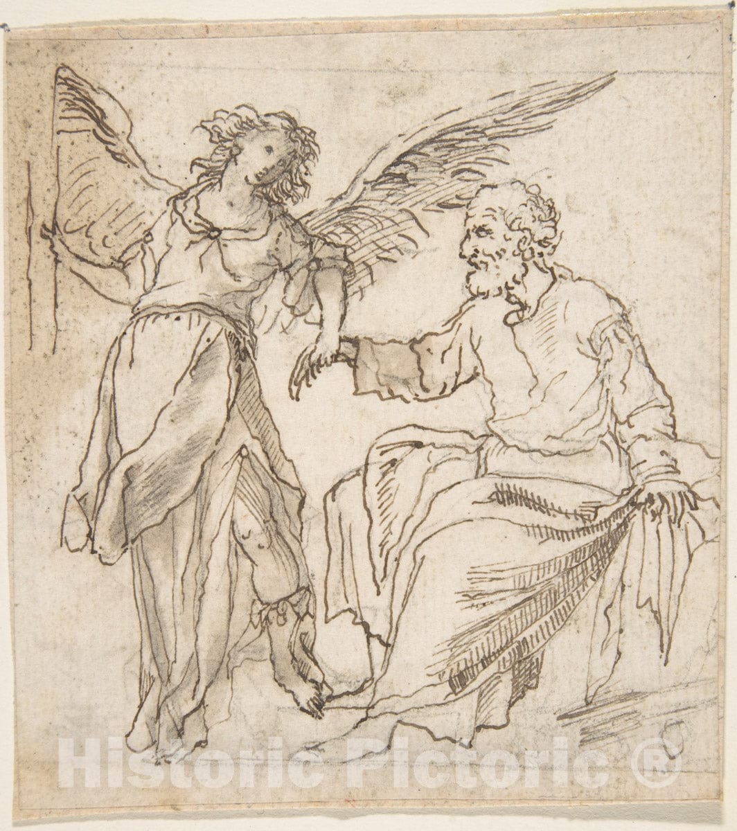 Art Print : Spanish, School of Seville, 17th Century - Angel Leading Saint Peter Out of Prison (?) : Vintage Wall Art