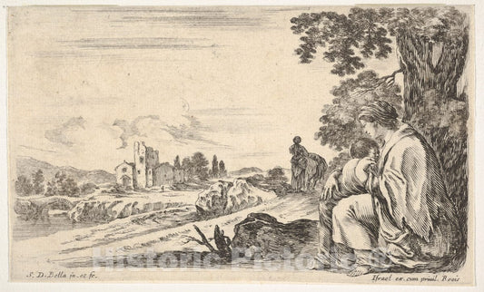 Art Print : A Peasant Woman Facing Left in Profile Nurses a Baby Under a Tree at Right - Artist: Stefano Della Bella - Created: 1649 : Vintage Wall Art