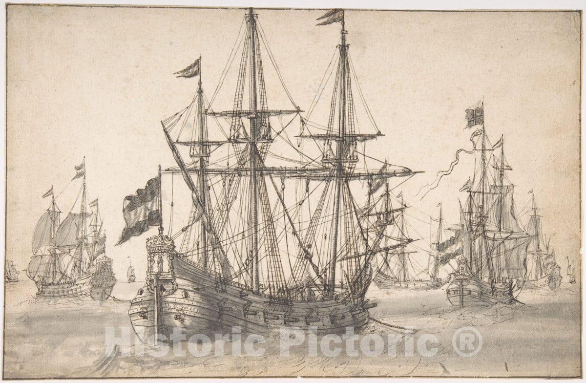 Art Print : Willem Van de Velde I - Dutch Men of War at Anchor 1 : Vintage Wall Art