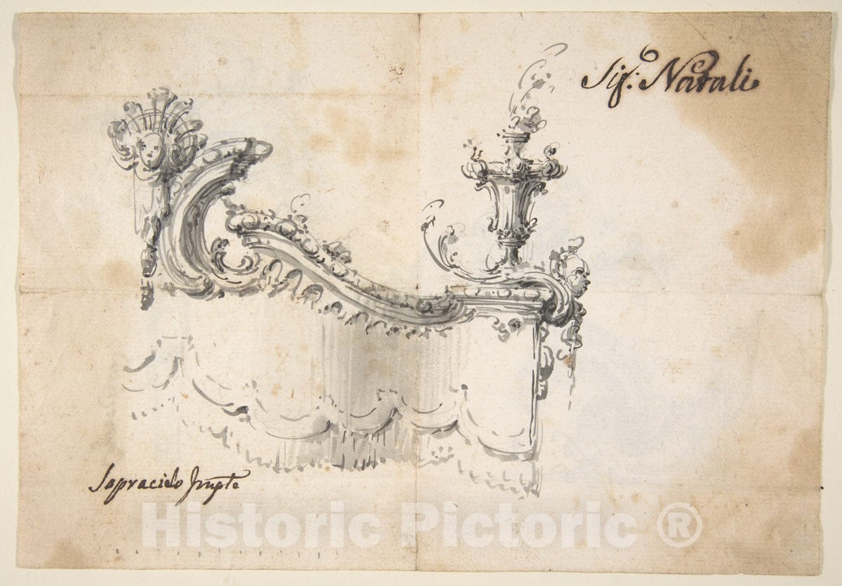 Art Print : Giovanni Battista Natali III - Design for a Canopy (Recto). Design for an Armchair (Verso) : Vintage Wall Art