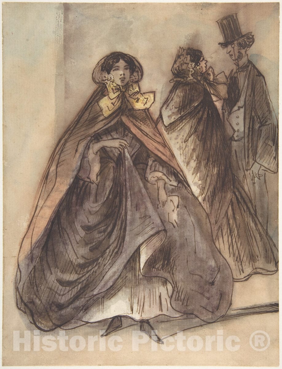 Art Print : Constantin Guys - Two Women and a Man with a Top Hat and a Monocle : Vintage Wall Art