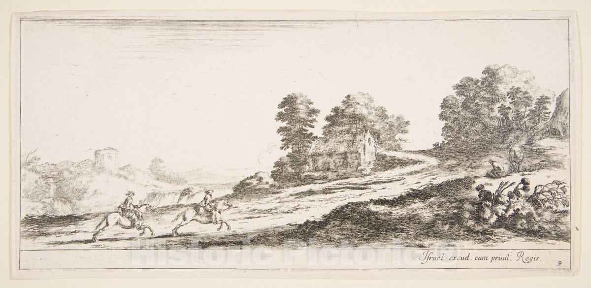 Art Print : Plate 9: Two Horsemen at Left Galloping Uphill Towards The Right - Artist: Stefano Della Bella - Created: c1641 v.2 : Vintage Wall Art