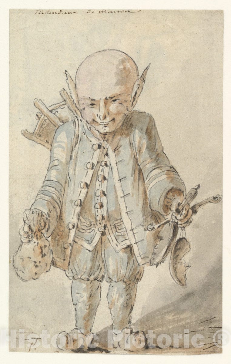 Art Print : Jean Charles Delafosse - Caricature of a Junkman Recto, Caricature of a School Master Verso : Vintage Wall Art