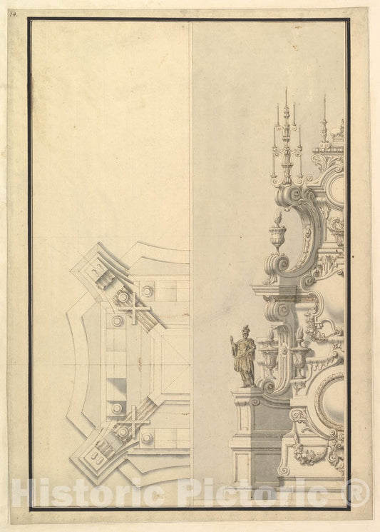 Art Print : Workshop of Giuseppe Galli Bibiena - Half Ground Plan and Half Elevation of a Catafalque, surmounted by a Royal Crown : Vintage Wall Art