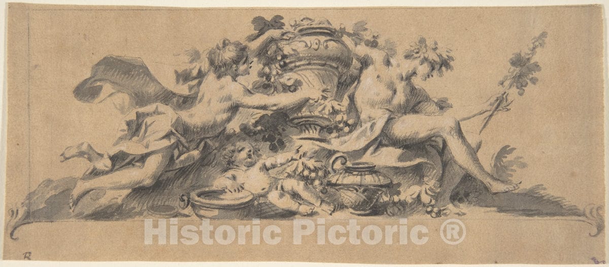 Art Print : Italian, First Half of The 18th Century - Design for a Vignette (?) with Two Figures flanking a Vase : Vintage Wall Art