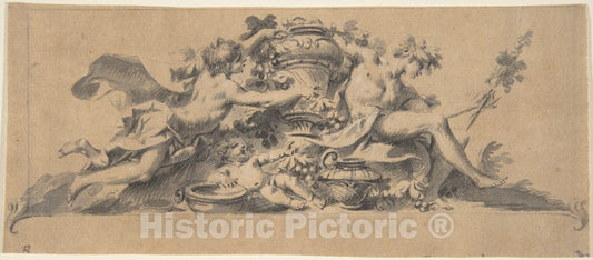 Art Print : Italian, First Half of The 18th Century - Design for a Vignette (?) with Two Figures flanking a Vase : Vintage Wall Art