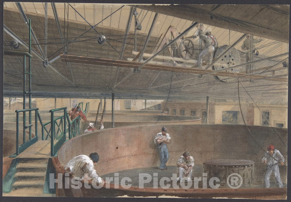 Art Print : Coiling The Cable in The Large Tanks at The Works of The Telegraph Company of Greenwich - Artist: Robert Charles Dudley - Created: 1865 : Vintage Wall Art