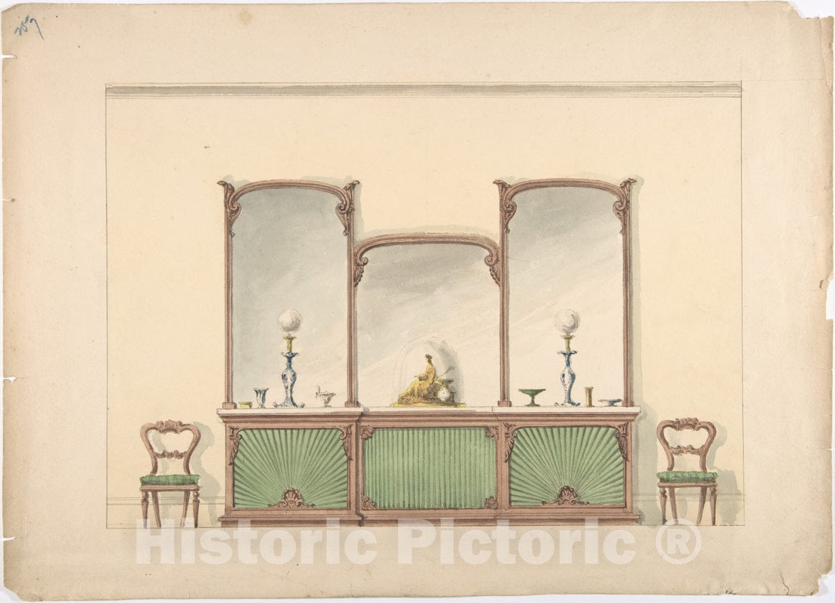 Art Print : British, 19th Century - Design for a Mirrored Three Sectioned Marble-Topped Cabinet and Two Chairs : Vintage Wall Art