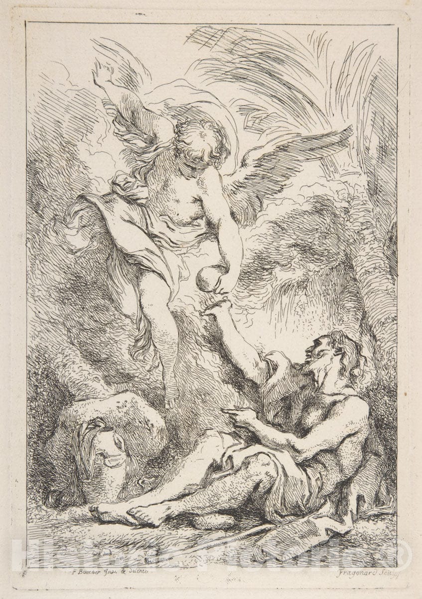 Art Print : Jean Honoré Fragonard - an Angel Bringing Food to a Hermit : Vintage Wall Art