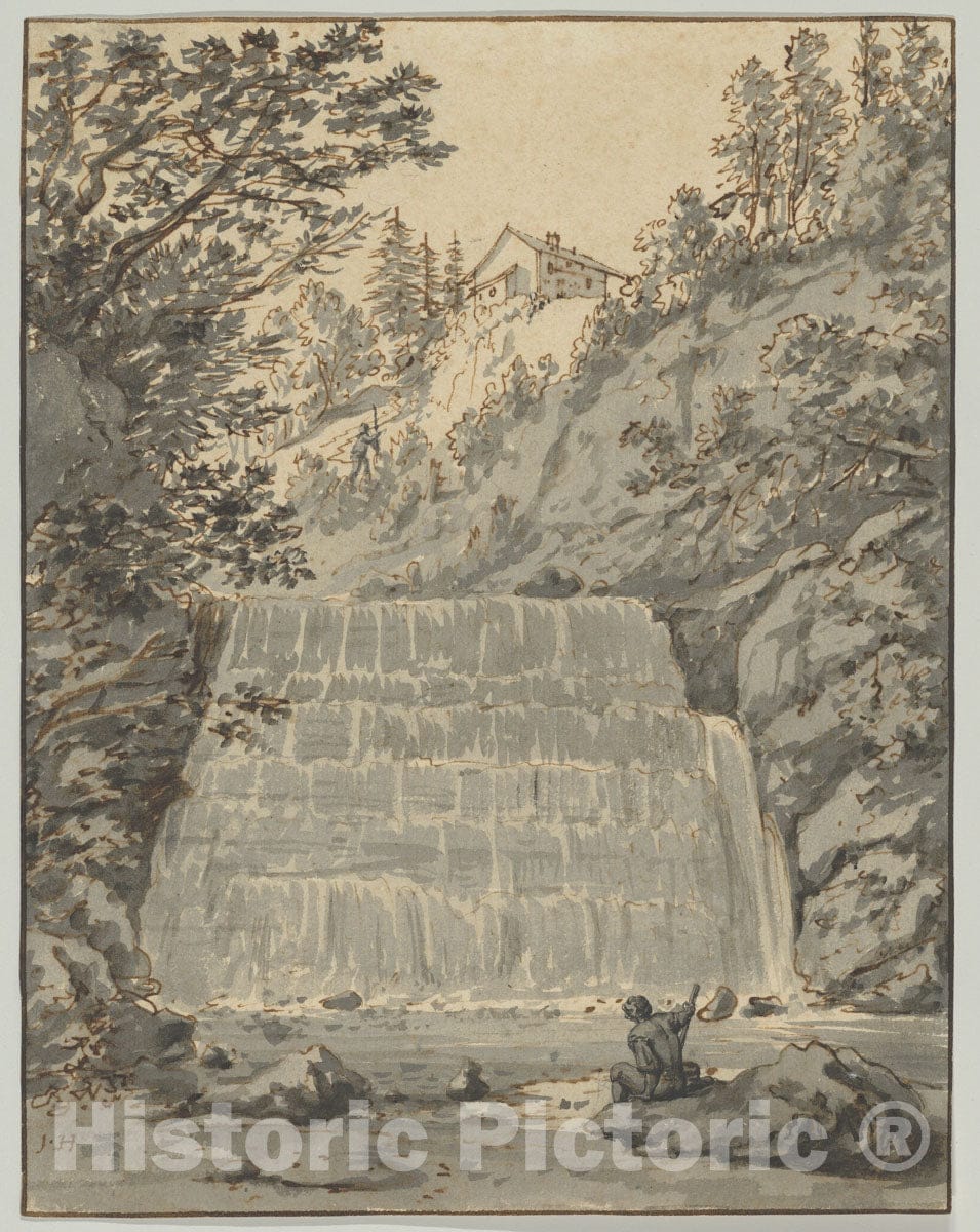 Art Print : Jan Hackaert - A Waterfall in Switzerland (Near Lausanne?) with a Resting Wayfarer : Vintage Wall Art