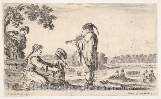 Art Print : A Man Playing The Violin in Center - Artist: Stefano Della Bella - Created: 1649 2 : Vintage Wall Art