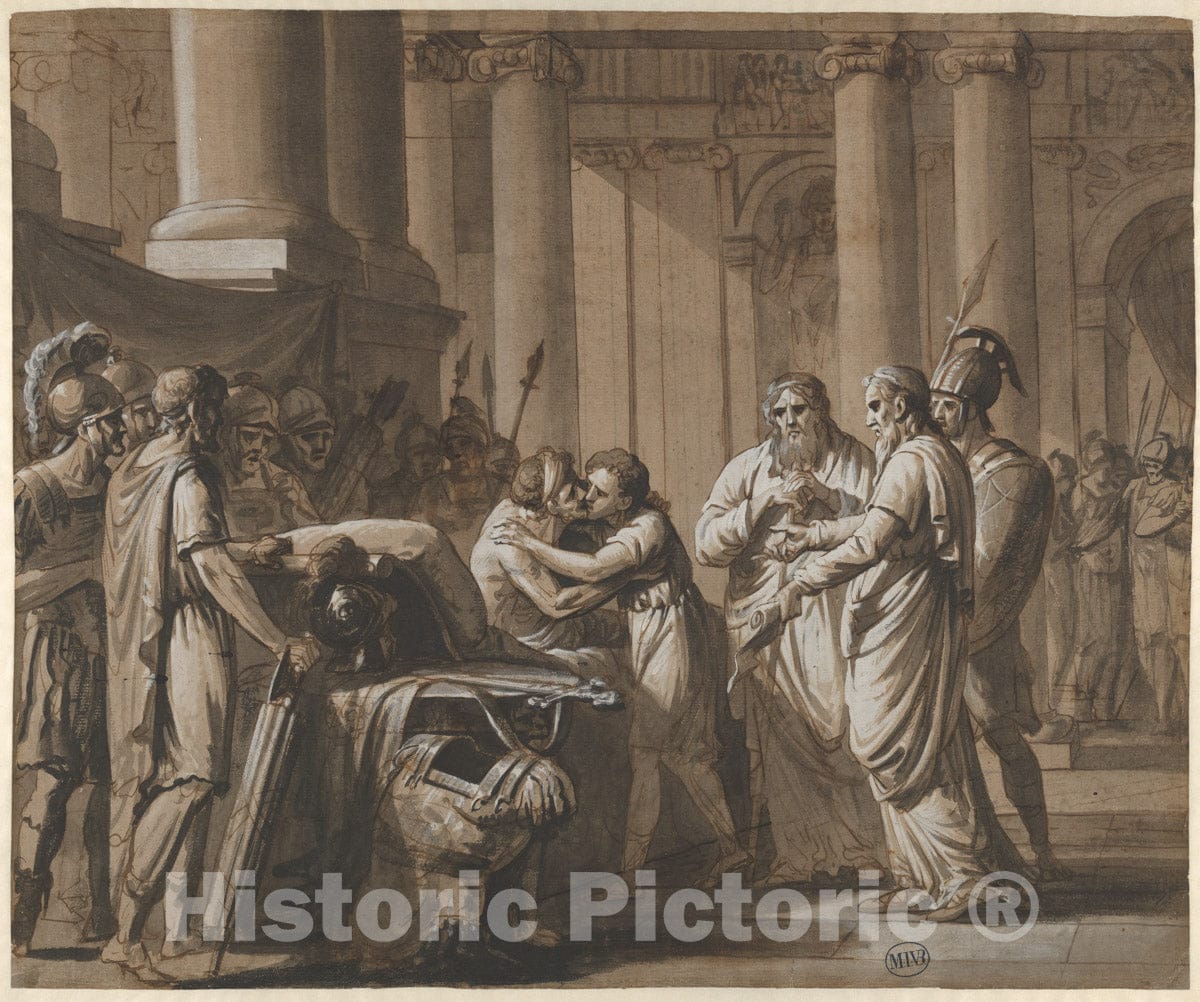 Art Print : Mathieu-Ignace Van Bree - Scene from Roman History, Depicting a Youth Receiving Armor from a Dying Man (Scipio Africanus and His Son?) : Vintage Wall Art