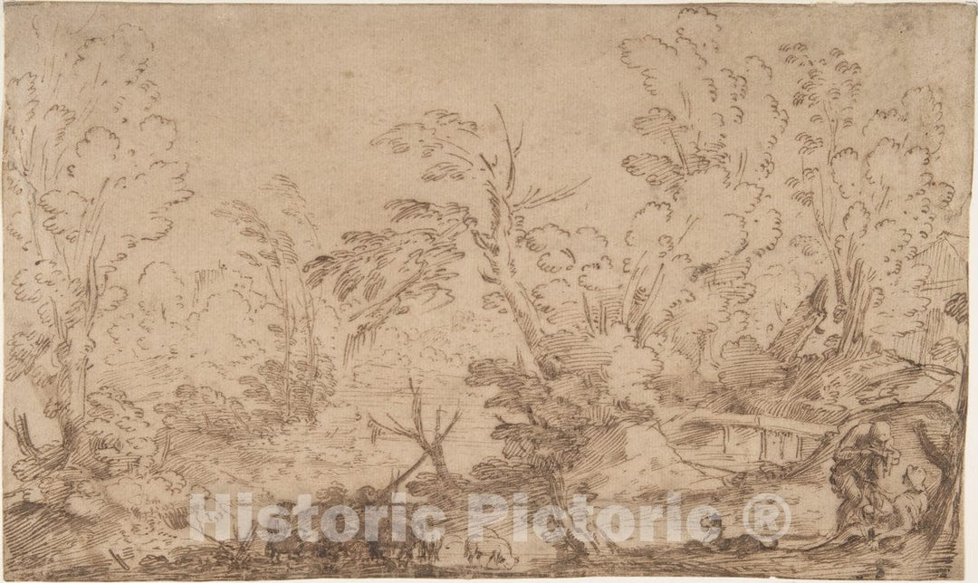 Art Print : Italian, Bolognese, 17th Century - Landscape with Shepherds : Vintage Wall Art