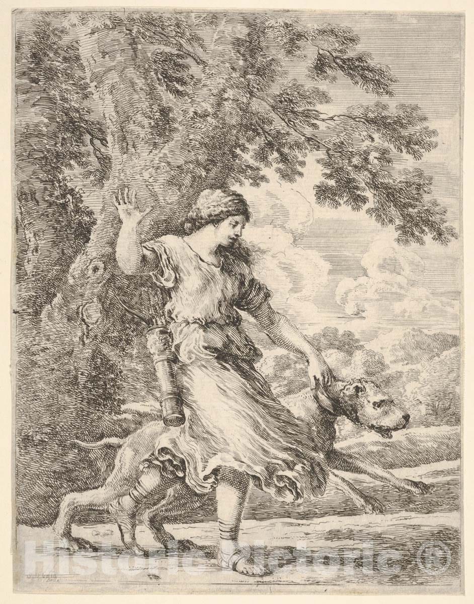 Art Print : Stefano Della Bella - A Nymph Holding a Large Dog by The Collar, or 'La Belle chasseresse' : Vintage Wall Art