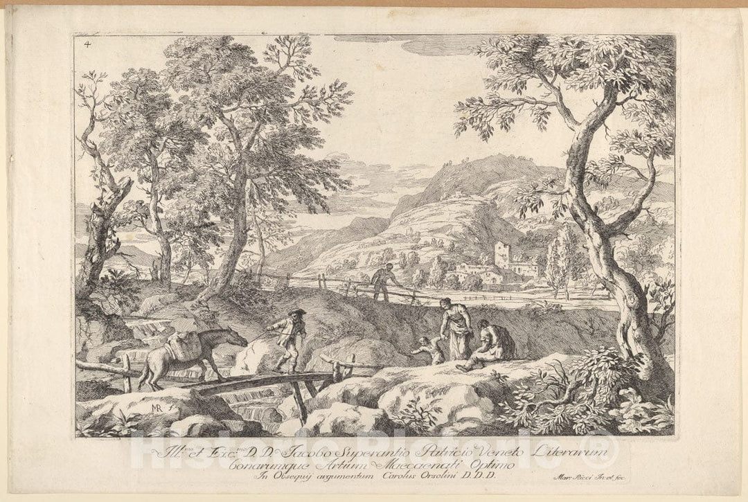 Art Print : Landscape with Man Leading a Pack Horse Across a Wooden Bridge - Artist: Marco Ricci - Created: 1723–30 : Vintage Wall Art