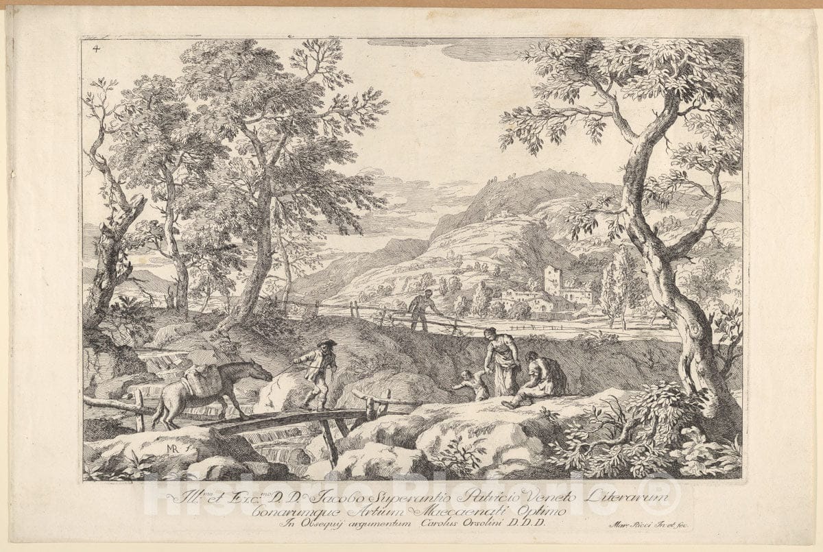 Art Print : Landscape with Man Leading a Pack Horse Across a Wooden Bridge - Artist: Marco Ricci - Created: 1723–30 : Vintage Wall Art