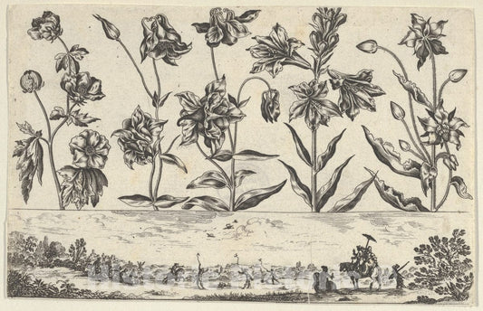 Art Print : Nicolas Cochin - Horizontal Panel with a Row of Flowers Above a Frieze with a Hunting Scene in a Landscape, from Livre Nouveau de Fleurs Tres-Util 1 : Vintage Wall Art