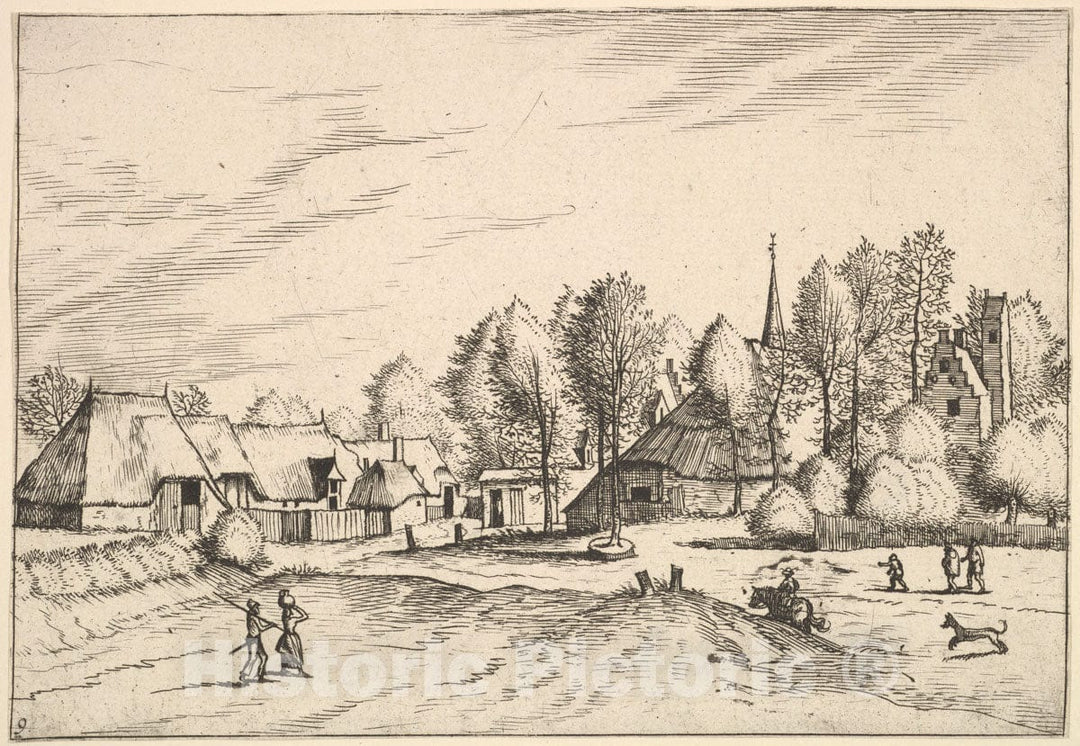 Art Print : Johannes Van Doetecum The Elder - Country Village with Church Tower from Multifariarum casularum ruriumque lineamenta curiose ad vivum expressa : Vintage Wall Art