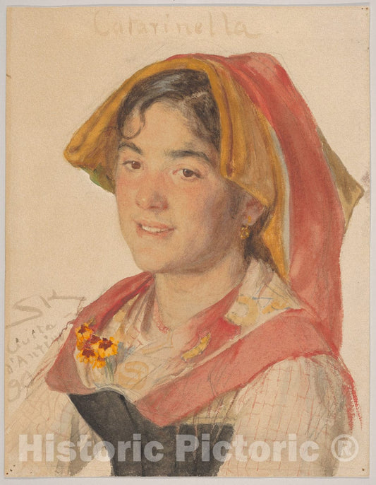 Art Print : Peder Severin Krøyer - Head of an Girl from Civita d'Antino in Regional Dress (Catarinella) : Vintage Wall Art