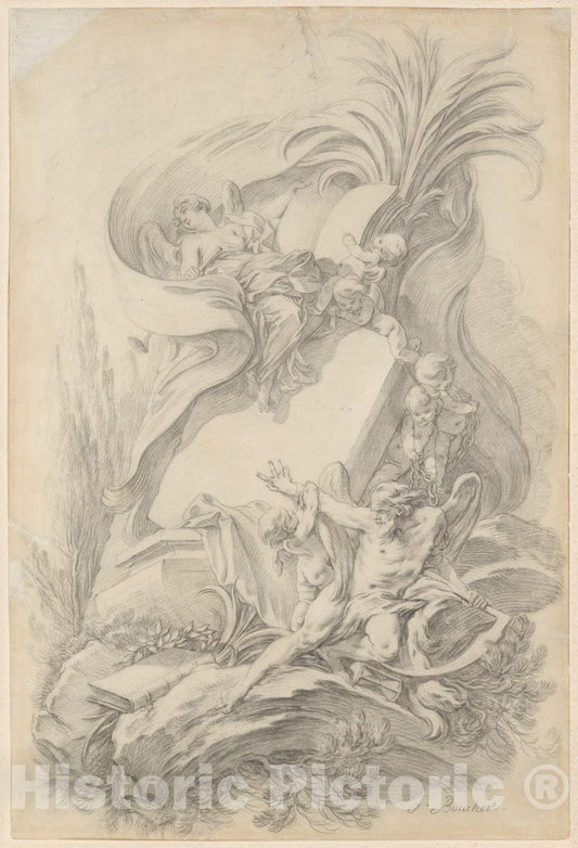 Art Print : François Boucher - Design for a Frontispiece: Love Staying The Hand of Time : Vintage Wall Art