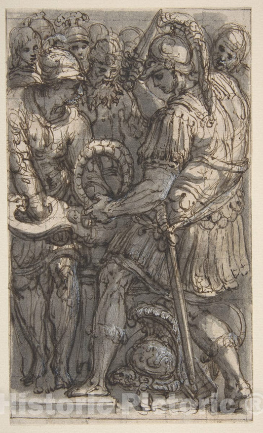 Art Print : Perino del Vaga (Pietro Buonaccorsi) - Alexander Cutting The Gordian Knot, Study for a Fresco in The Castel Sant'Angelo, Rome : Vintage Wall Art