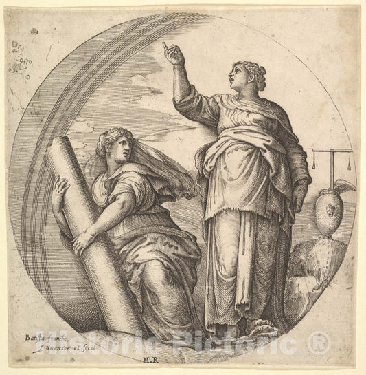 Art Print : Fortitude and Justice, an allegorical composition in round format - Artist: Battista Franco - Created: c1530 : Vintage Wall Art