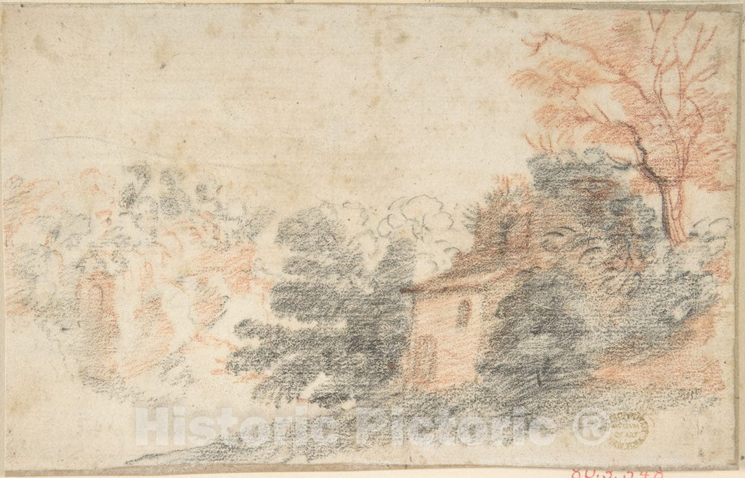 Art Print : Italian, Roman-Bolognese, 17th Century - Landscape with House and Trees : Vintage Wall Art