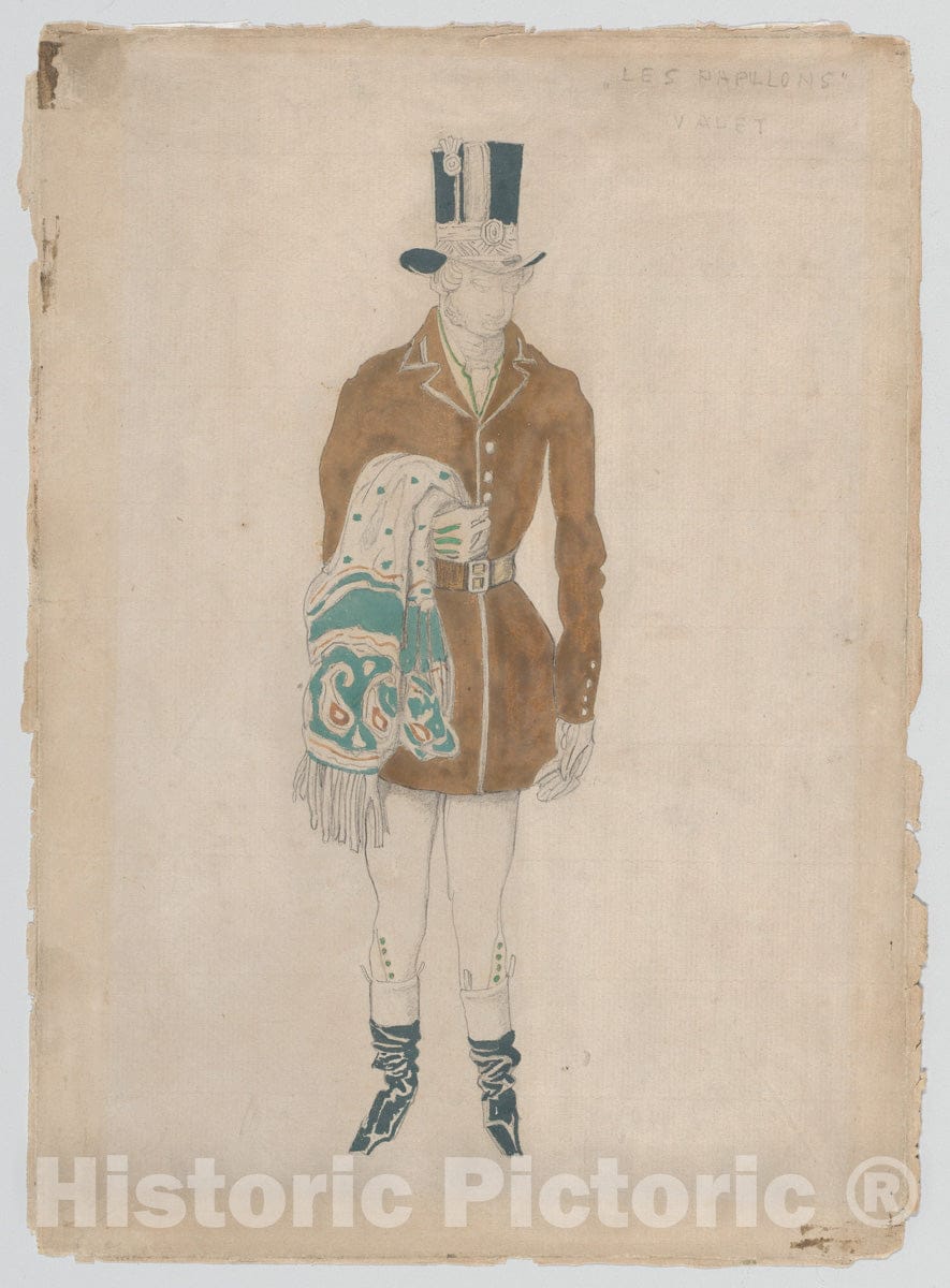 Art Print : Léon Bakst - Costume Design for a Valet, Likely for The Ballet 'Les Papillons', premiered at The Théâtre de Monte-Carlo, 1914 : Vintage Wall Art