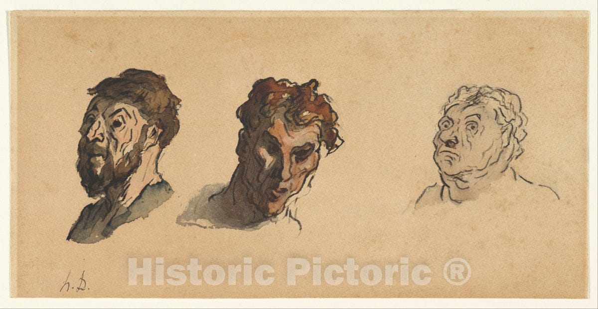 Art Print : Honoré Daumier - Three Male Heads : Vintage Wall Art
