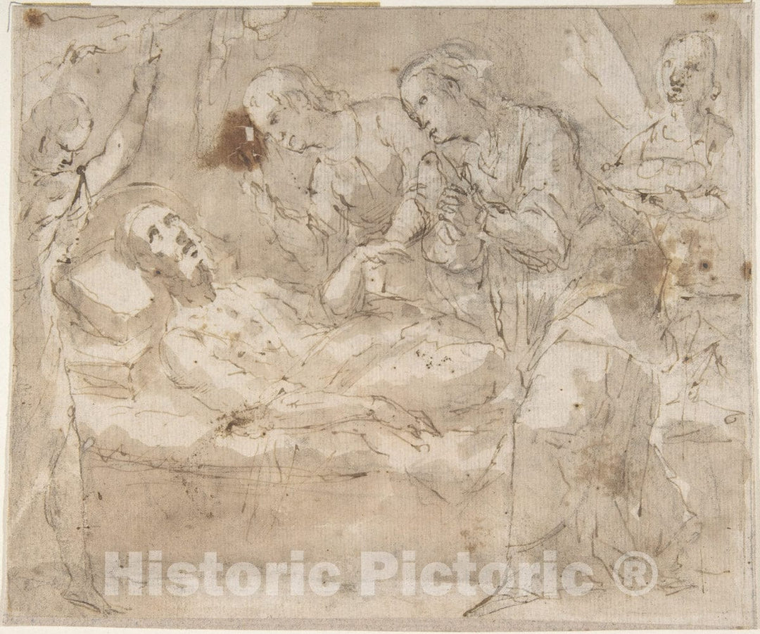 Art Print : Spanish, School of Seville, 17th Century - Death of a Male Saint (Joseph?) with Four Secondary Figures : Vintage Wall Art
