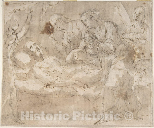 Art Print : Spanish, School of Seville, 17th Century - Death of a Male Saint (Joseph?) with Four Secondary Figures : Vintage Wall Art