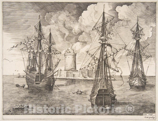 Art Print : Pieter Bruegel The Elder - Four-Master and Two Three-Masters Anchored Near a Fortified Island from The Sailing Vessels : Vintage Wall Art