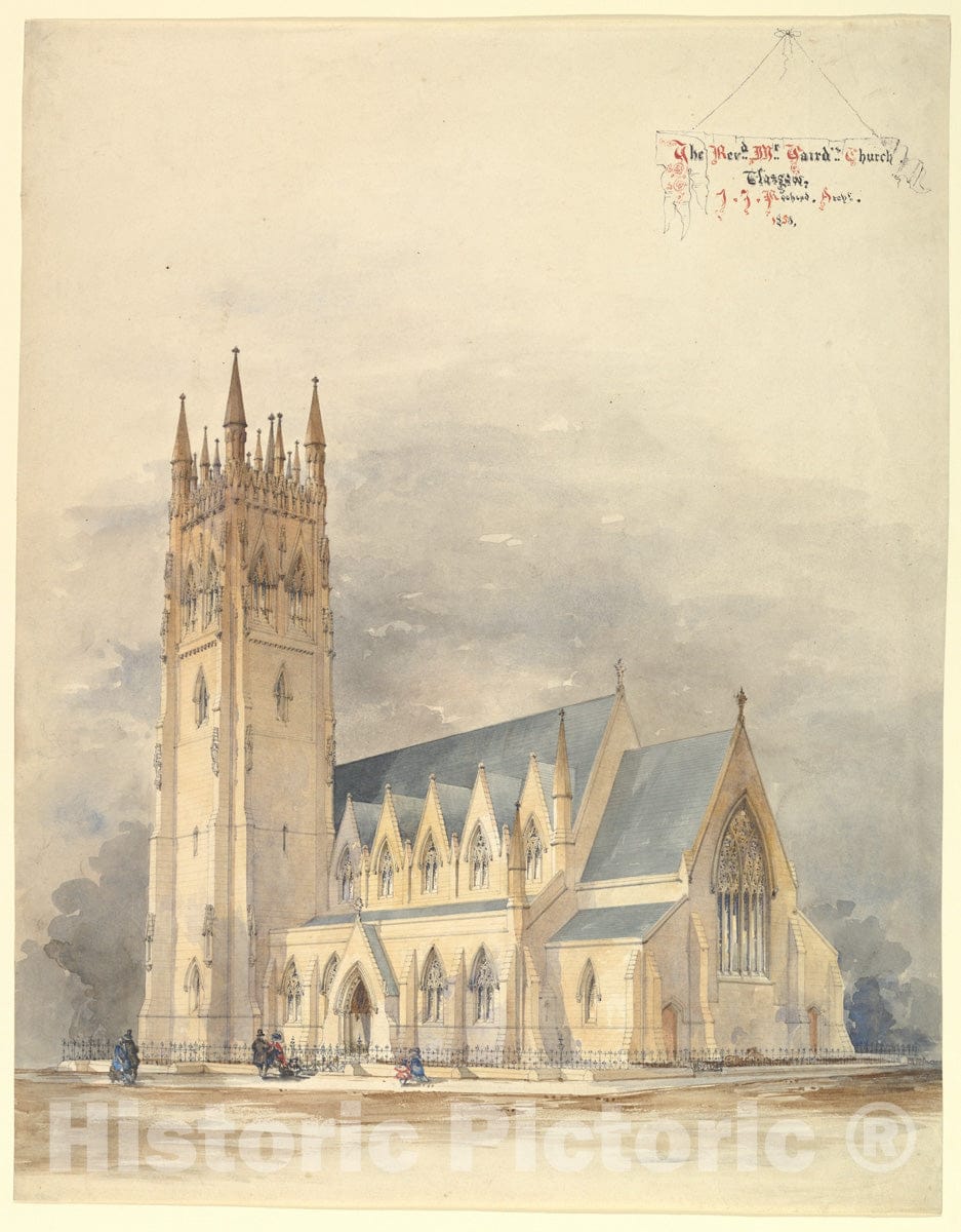 Art Print : Designed by J. T. Rochead - Perspective Elevation of Reverend Mr. Gaird's Church, Glasgow, in The Gothic Style : Vintage Wall Art
