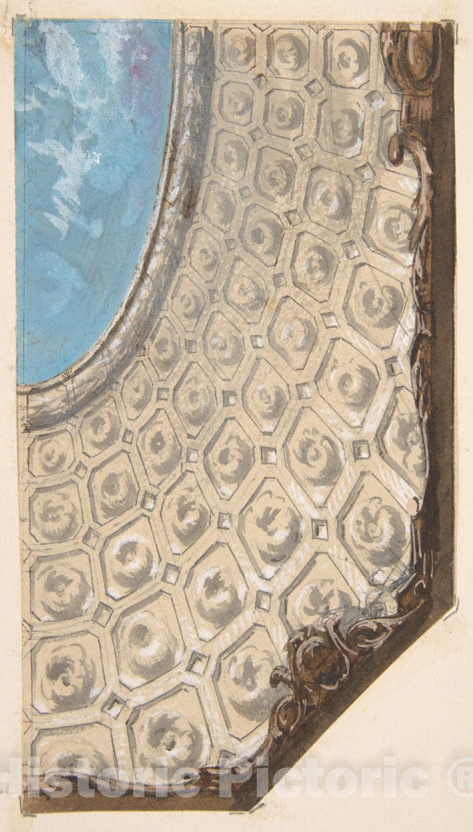 Art Print : Jules-Edmond-Charles Lachaise - Design for a coffered Ceiling with a Central Oval Painted in Clouds : Vintage Wall Art