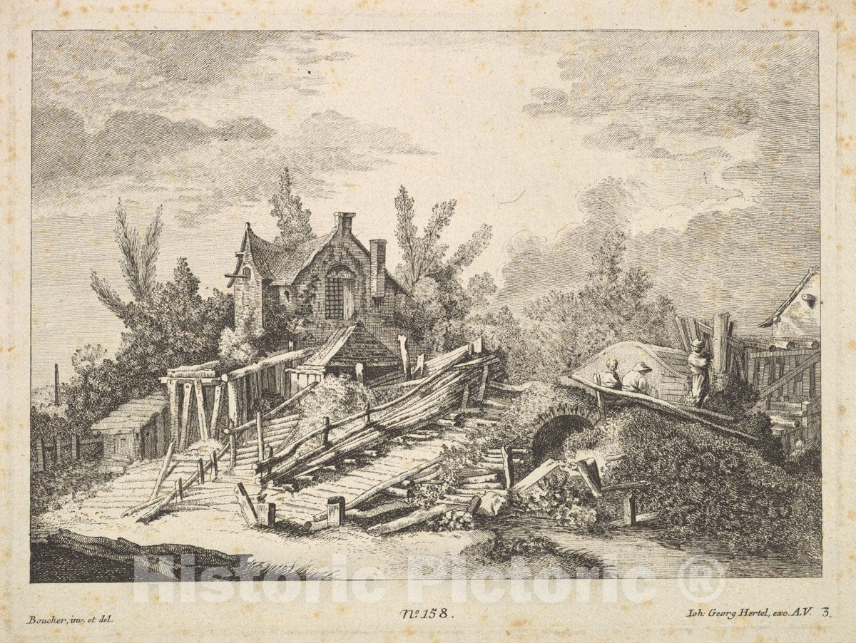 Art Print : Johann Georg Hertel - A Landscape with a Home and Three Men on a Bridge : Vintage Wall Art