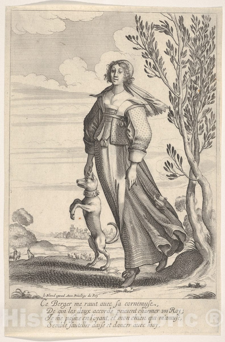 Art Print : Abraham Bosse - A Shepherdess, accompanied by her Dog, Dancing to The Sound of a Musette : Vintage Wall Art