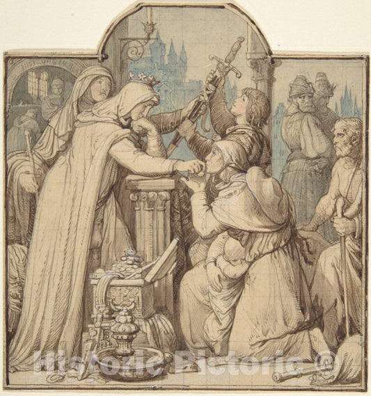Art Print : Eduard Julius Friedrich Bendemann - Kriemhild, in Mourning Over Siegfried, Handing Out Treasures from The Nibelungen Hoard : Vintage Wall Art