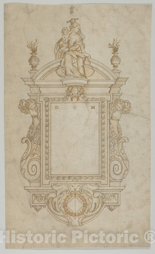 Art Print : Flemish - Design for an Epitaph surmounted by a Statue of The Virgin and Child : Vintage Wall Art